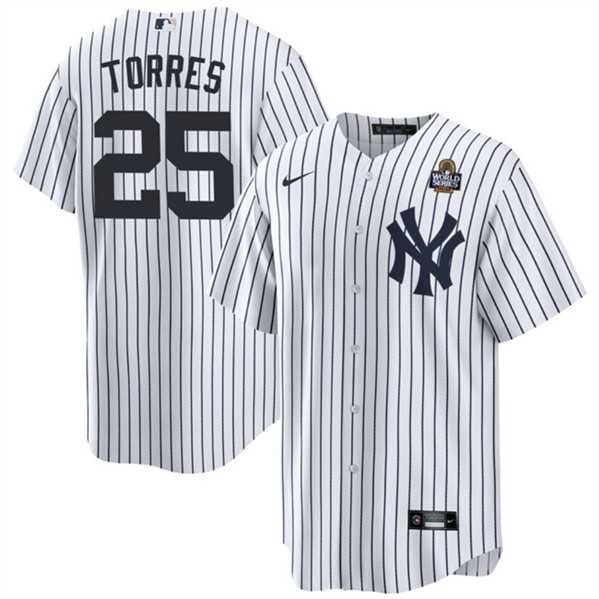 Mens New York Yankees #25 Gleyber Torres White 2024 World Series With Name Cool Base Stitched Jersey Dzhi->new york yankees->MLB Jersey